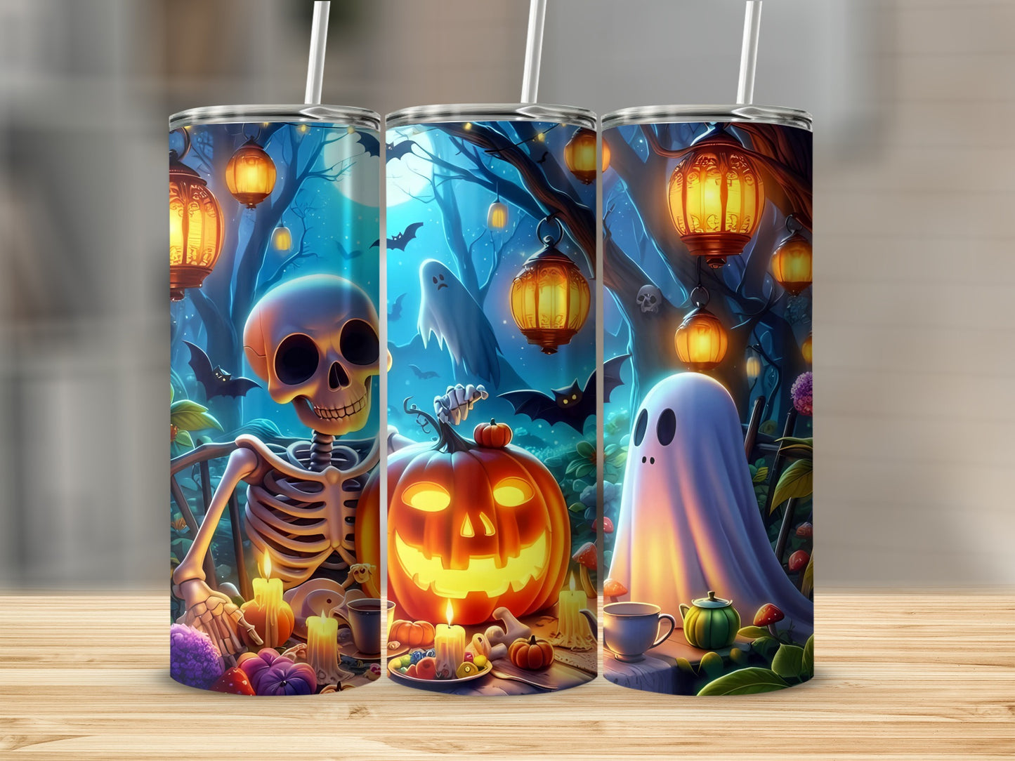 Halloween tumblers with skeleton, jack-o-lantern, and ghost designs against a spooky forest backdrop.