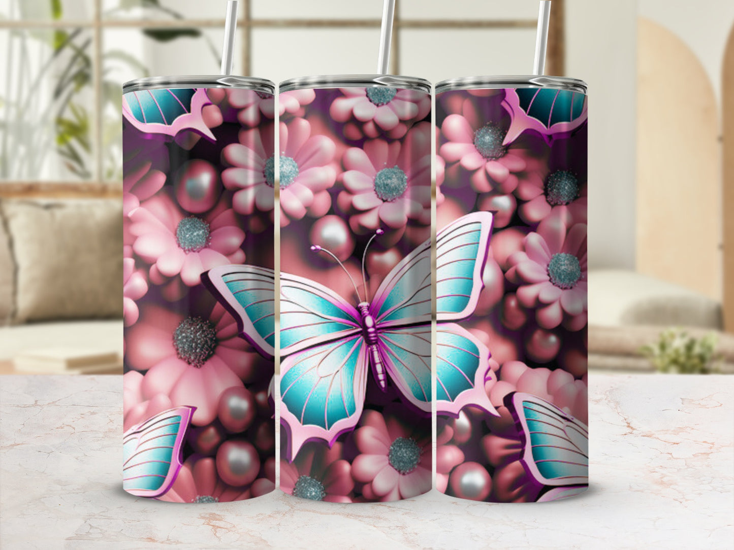 Pink and purple floral pattern with a turquoise butterfly on a tumbler.