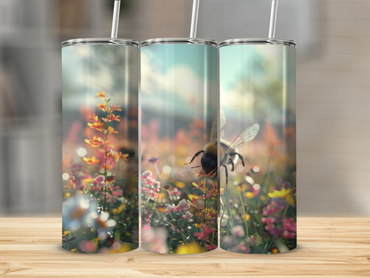 Bee on a flower in a sunlit meadow, shown on three tumblers.