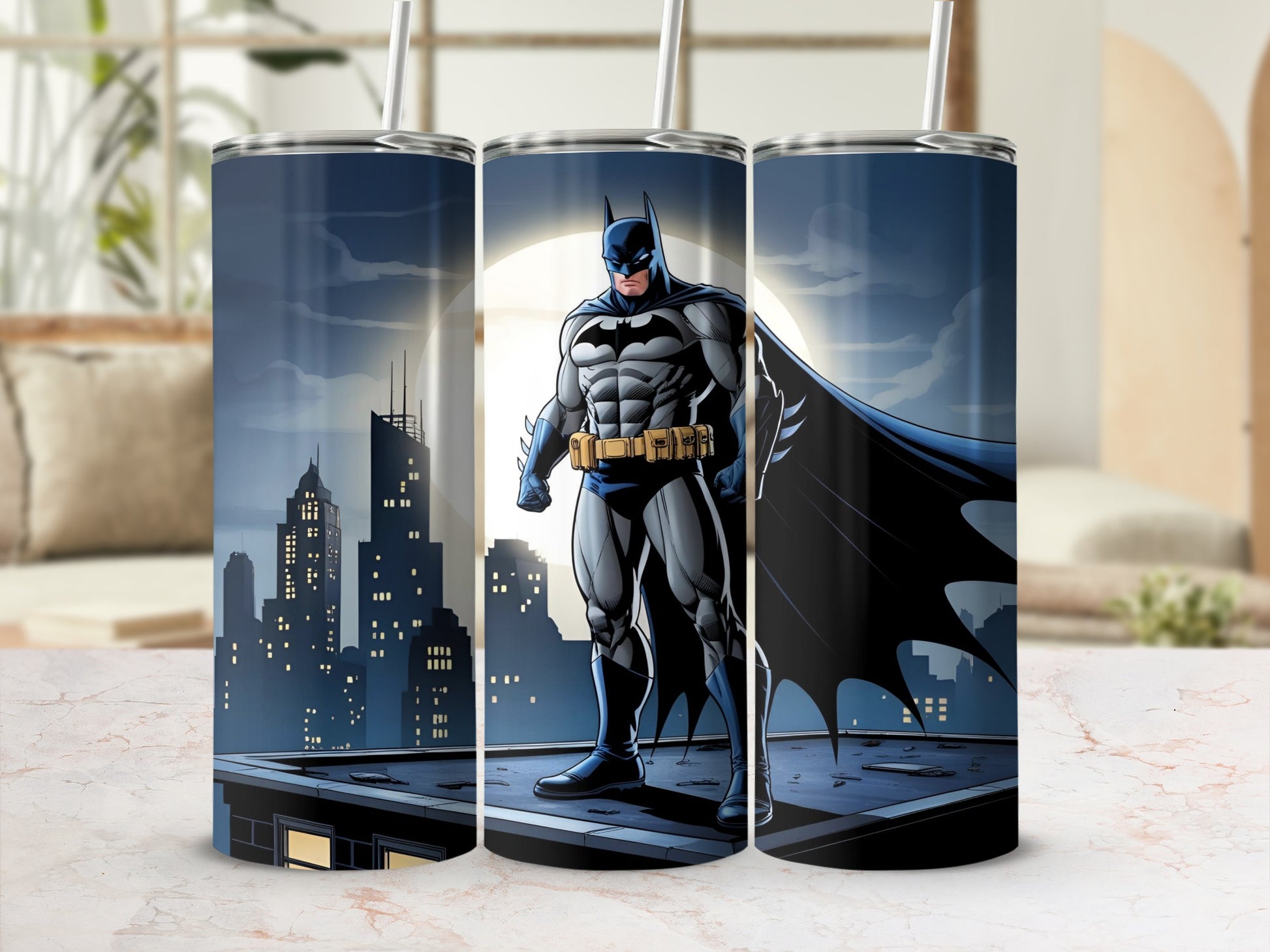 Batman standing on a rooftop with a city skyline behind him.