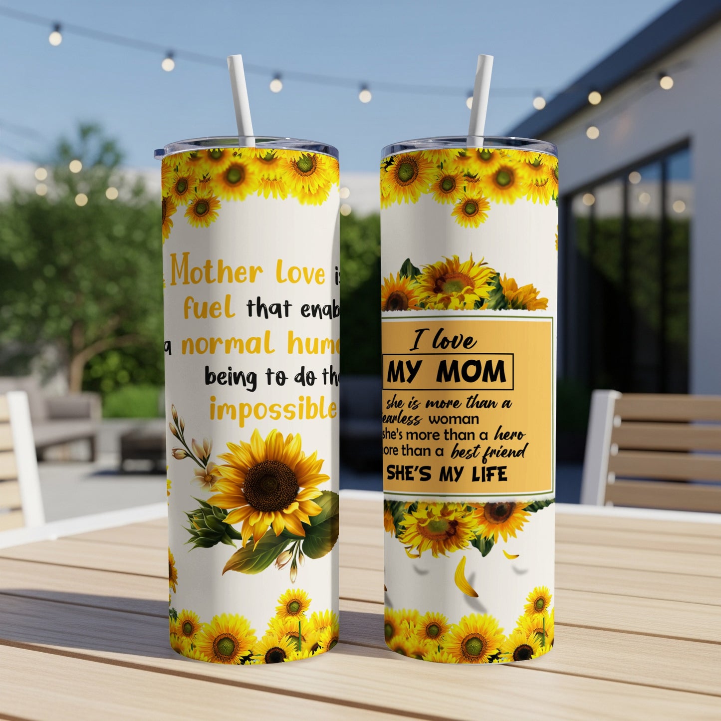 Two tumblers with sunflowers and text about mother's love.