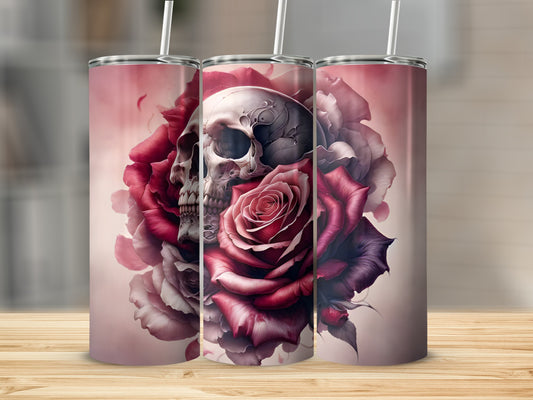 Tumbler with skull and roses design on a wooden surface.