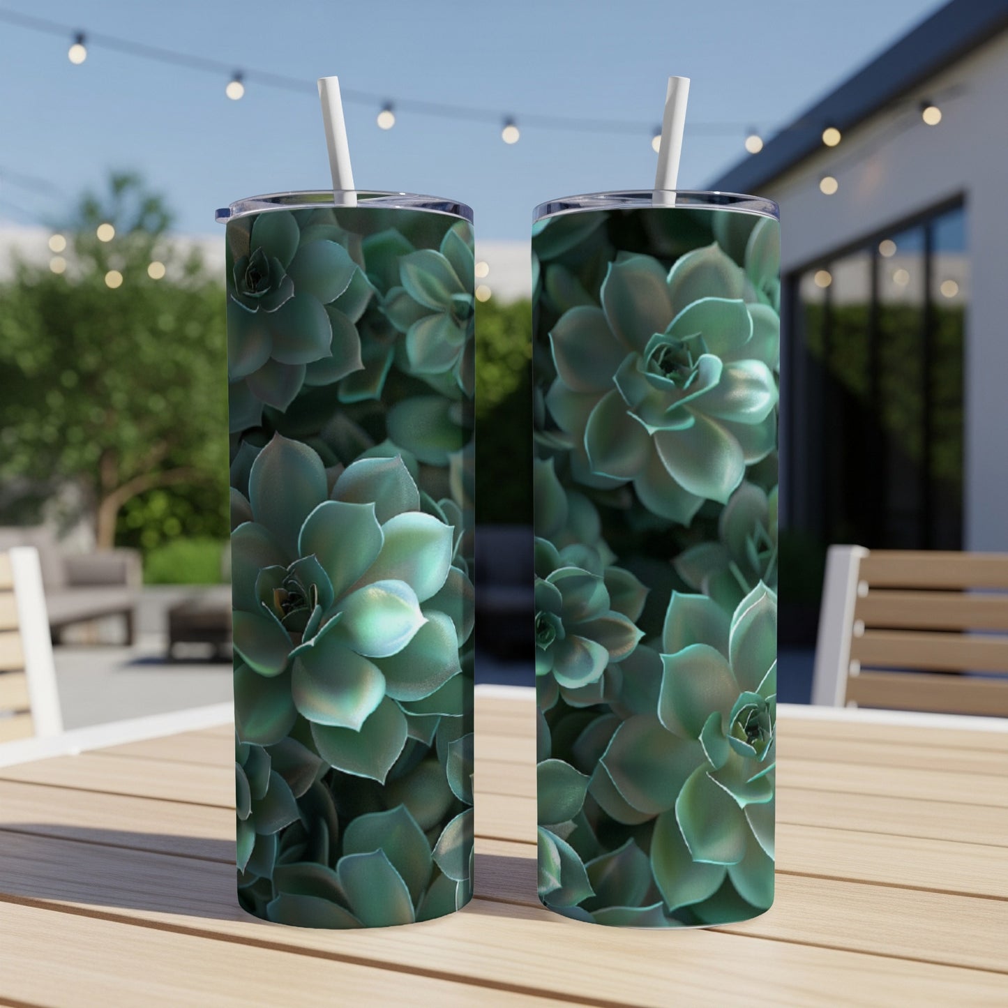 Two tall tumblers with green succulent plant pattern.