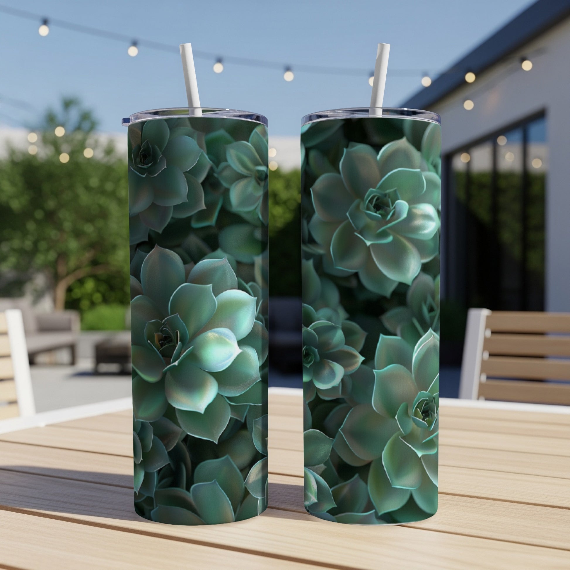 Two tall tumblers with green succulent plant pattern.