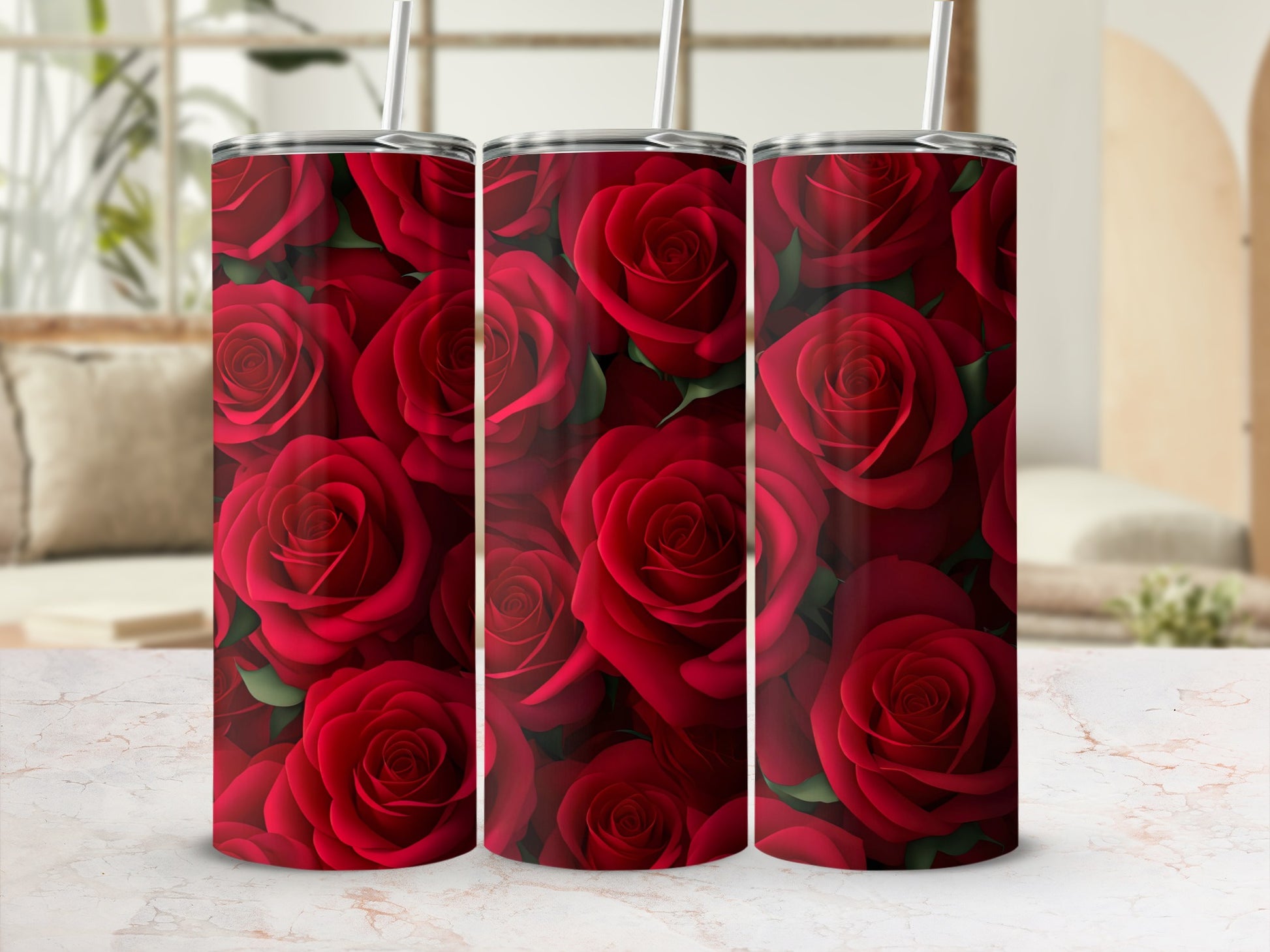 Elegant Red Rose Pattern Stainless Steel Tumbler