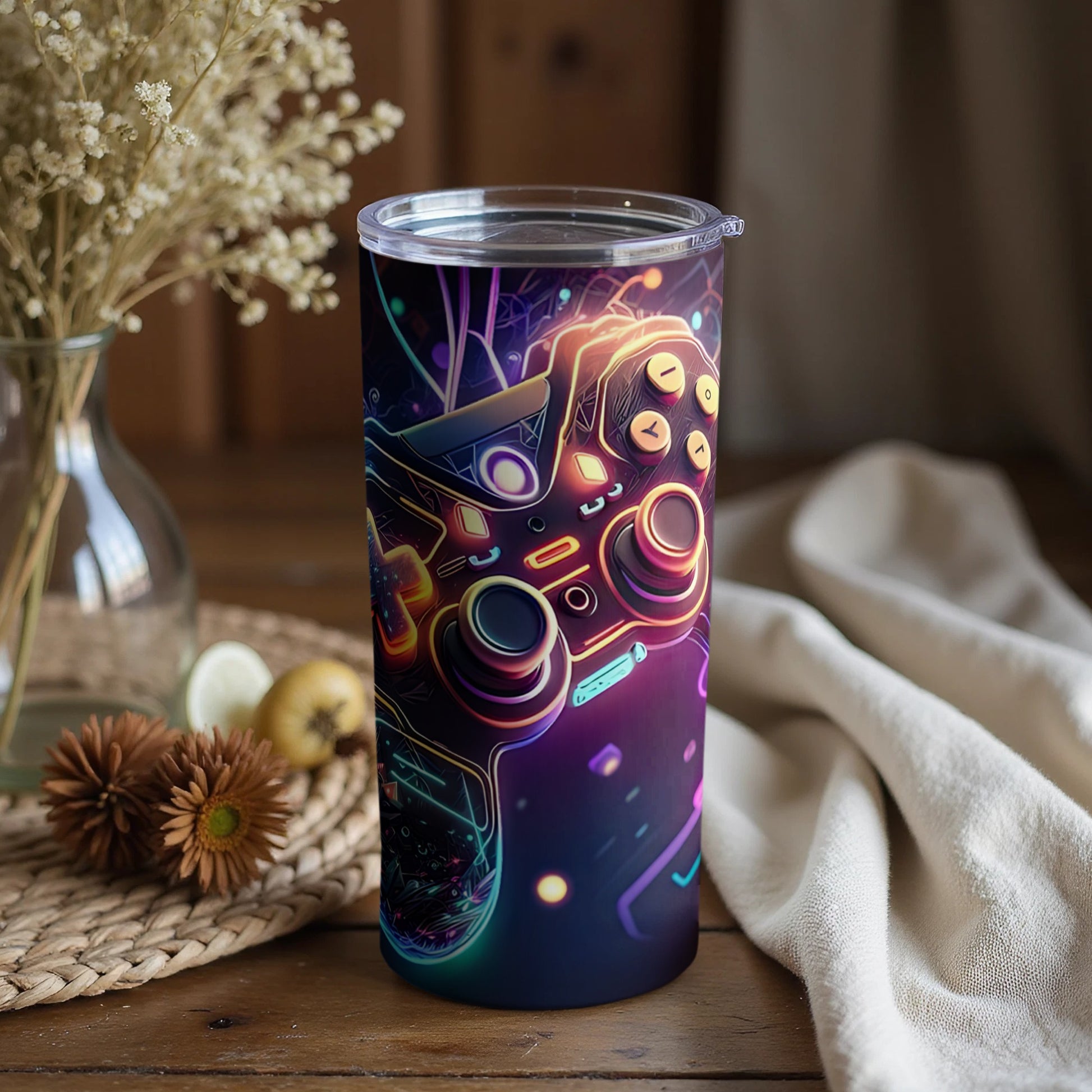 Neon Gaming Controller Themed Tumbler with Lid