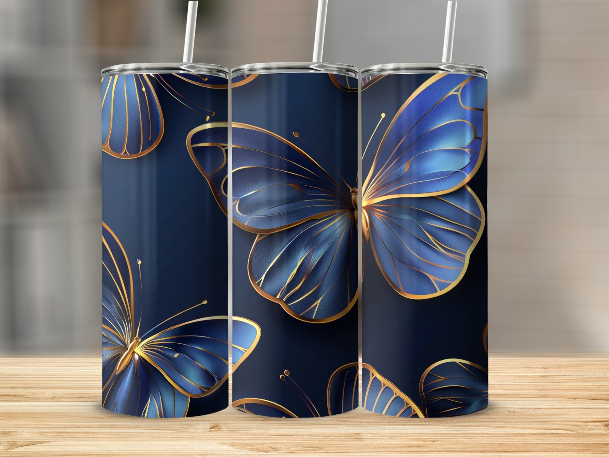 Blue butterflies with gold outlines on a dark blue background.