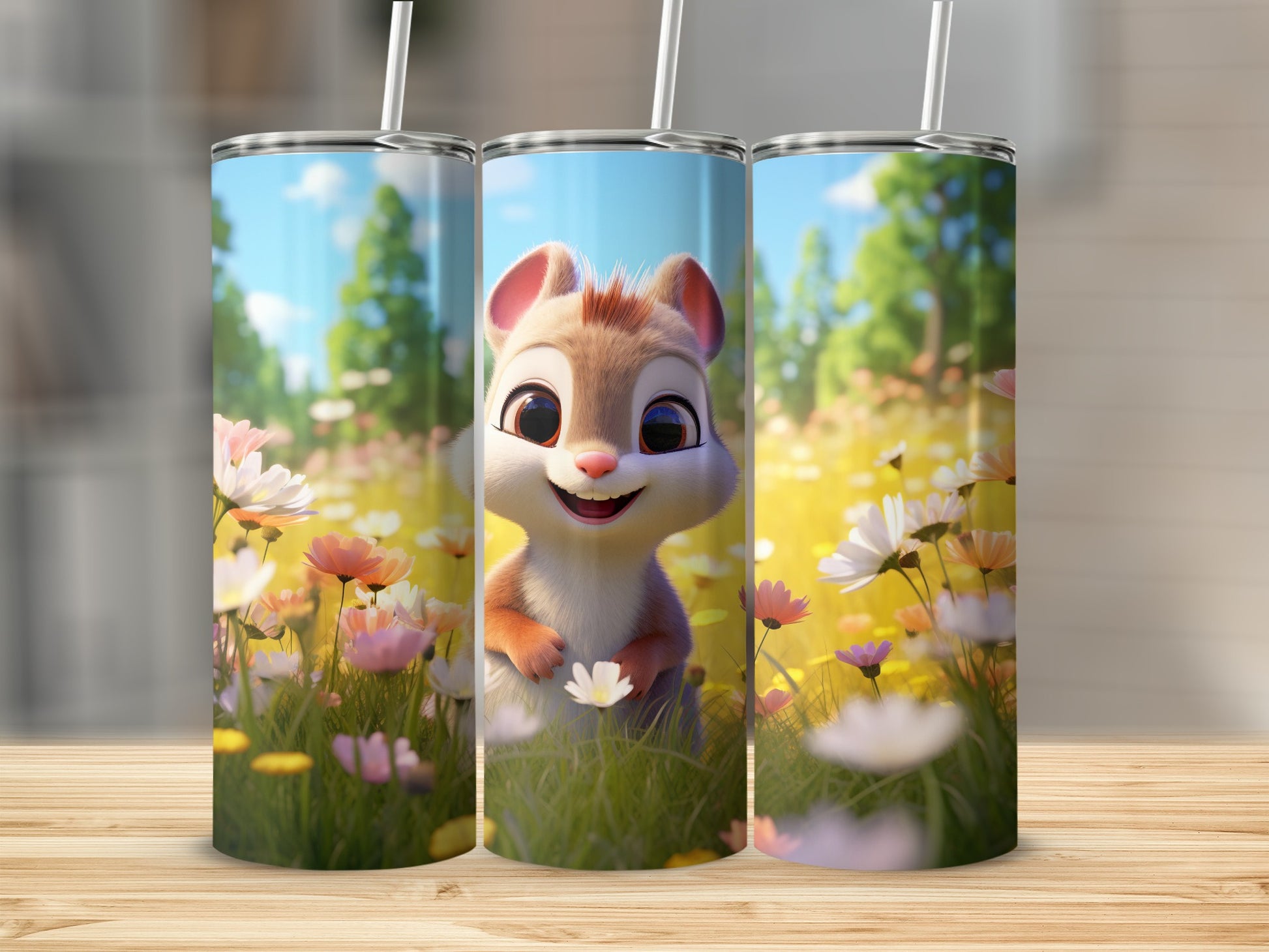 Adorable Cartoon Chipmunk in Flower Field Tumbler