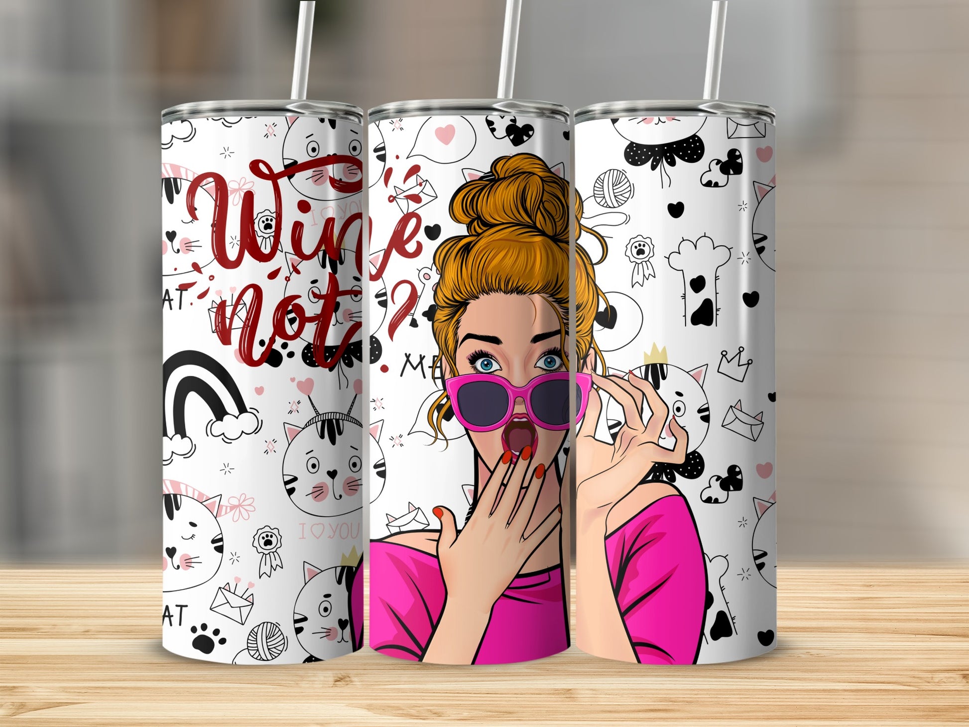 Wine Not Design Tumbler with Cat and Cartoon Pattern
