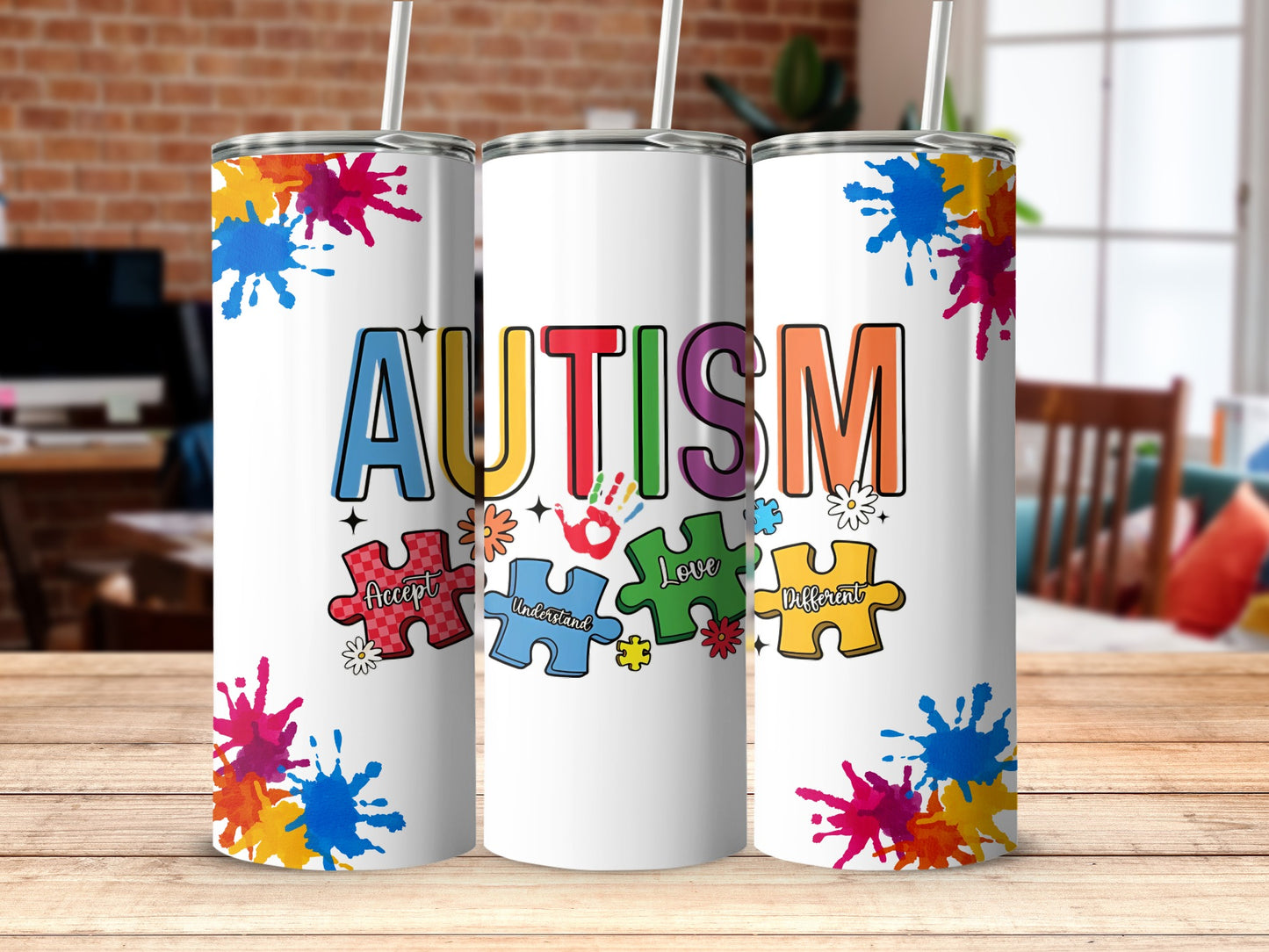 Autism Design Colorful Puzzle Pieces Splash Tumbler