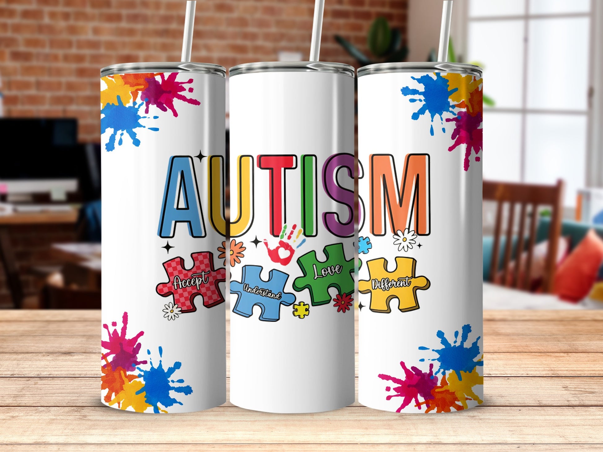 Autism Design Colorful Puzzle Pieces Splash Tumbler