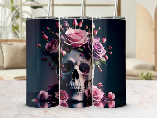 Skull adorned with roses, presented on a marble surface.