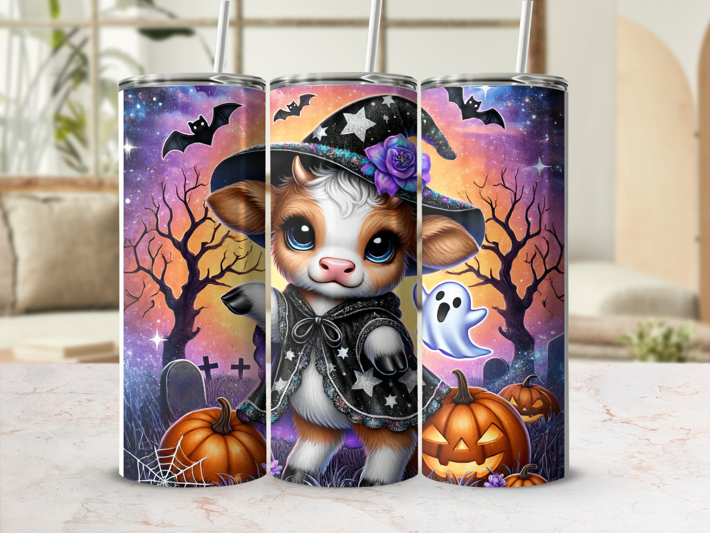 Cute Halloween cow in witch hat with bats, pumpkins, and ghost.