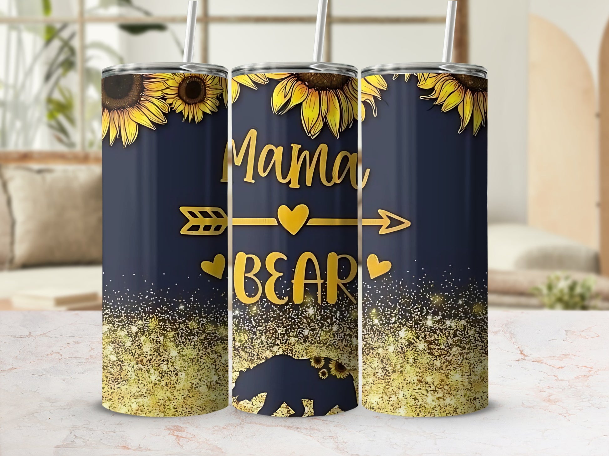 Mama Bear Sunflower Glitter Tumbler Cup Design