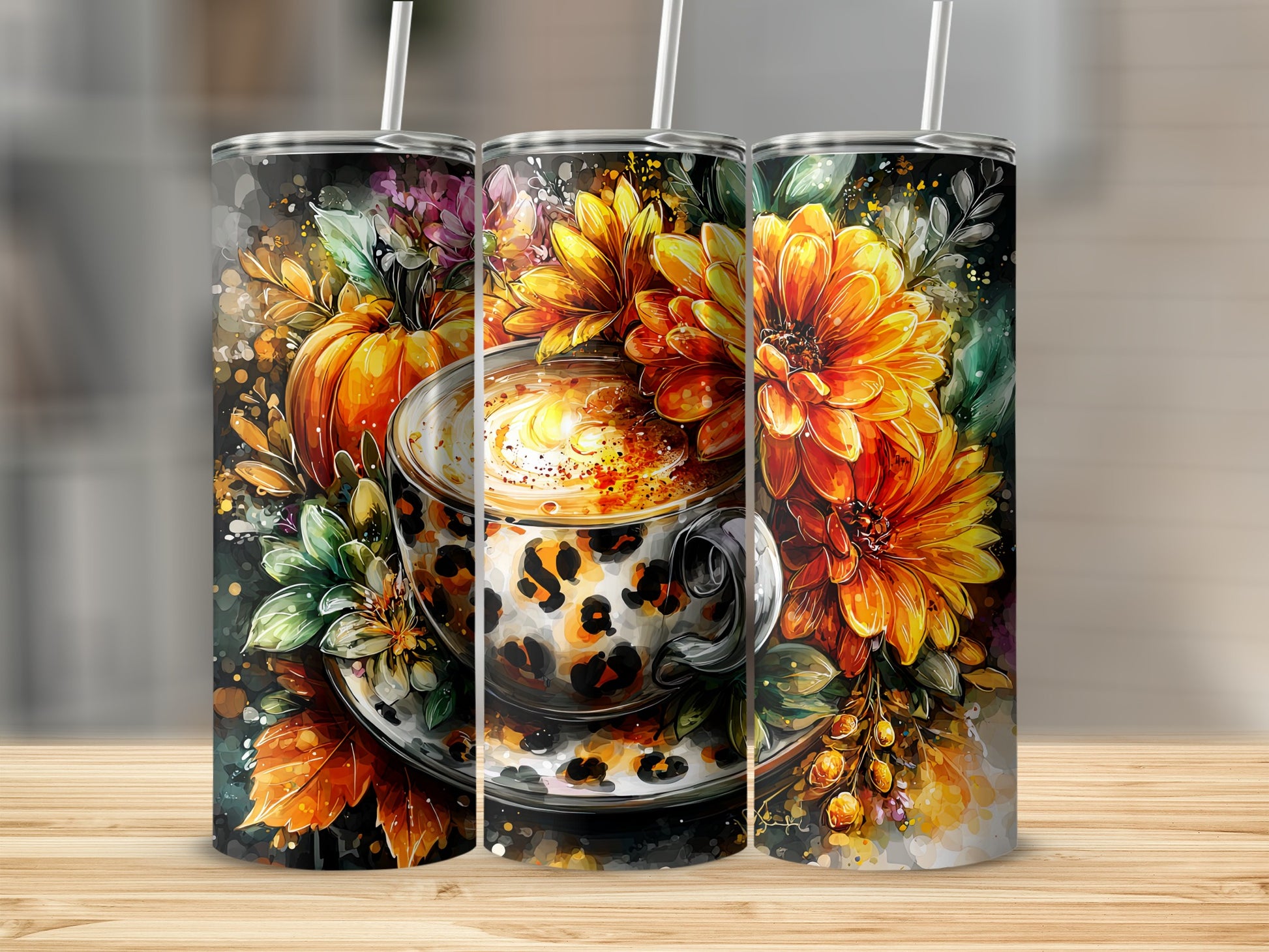 Autumn Floral and Leopard Print Tumbler Product