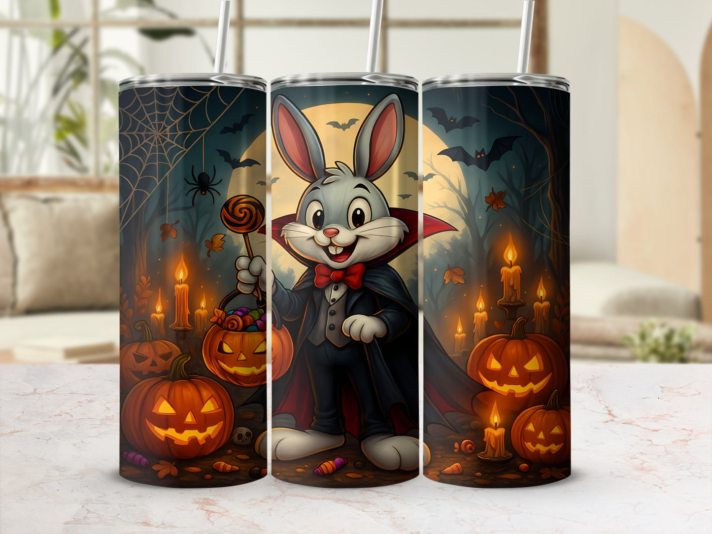 Halloween bunny in vampire costume holds candy bucket and lollipop with pumpkins.