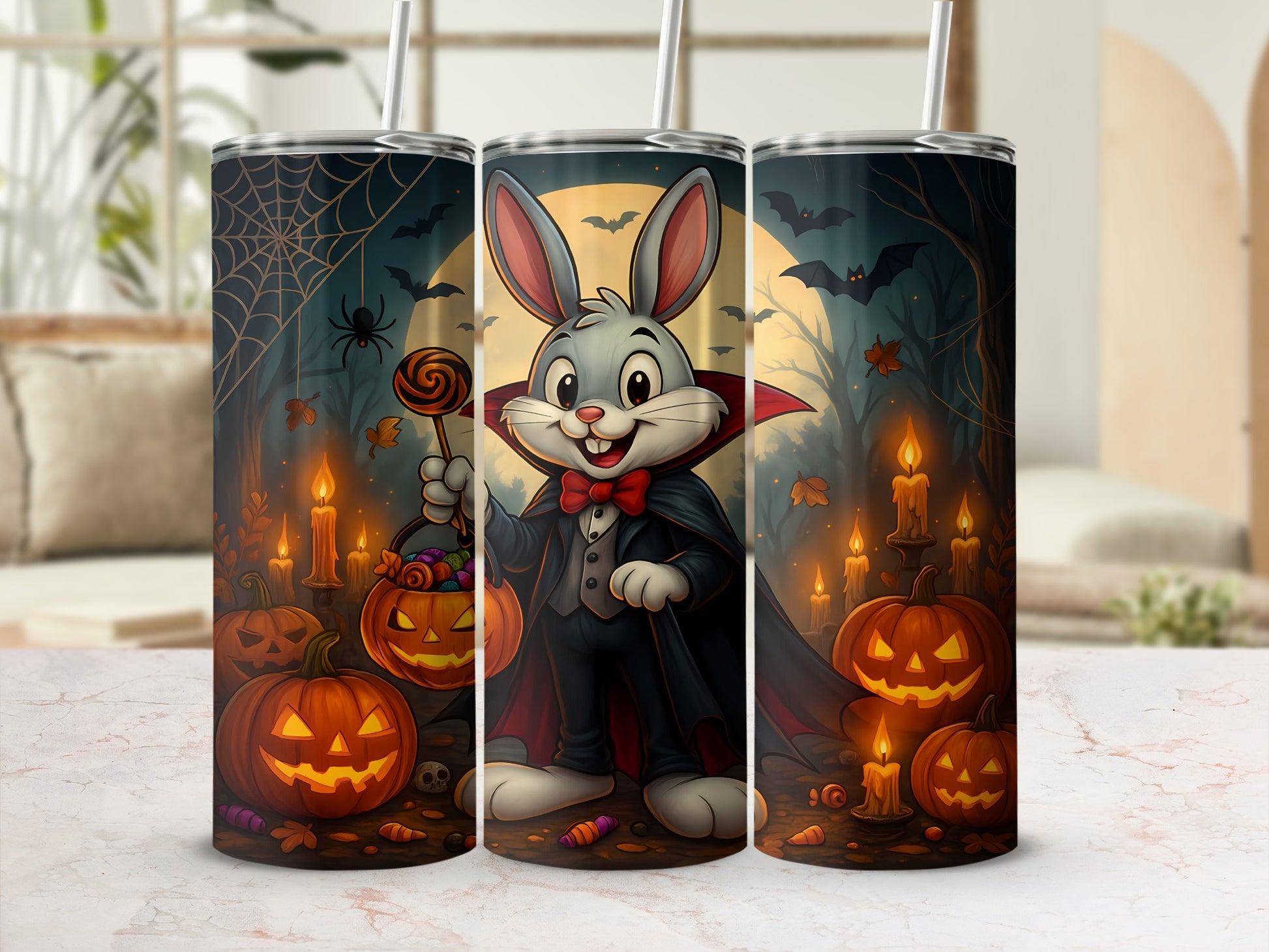 Halloween bunny in vampire costume holds candy bucket and lollipop with pumpkins.