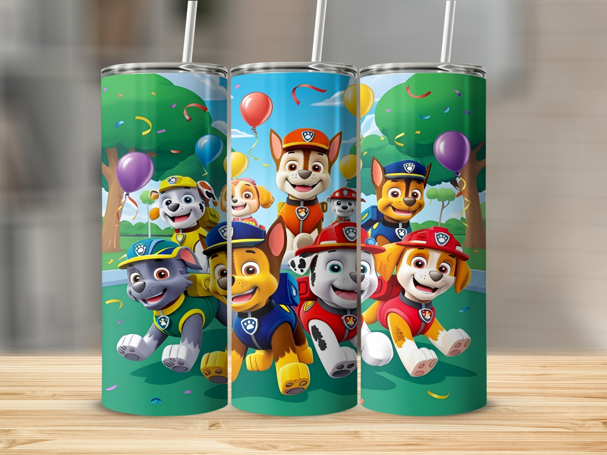Paw Patrol characters on a tumbler with balloons and trees background.