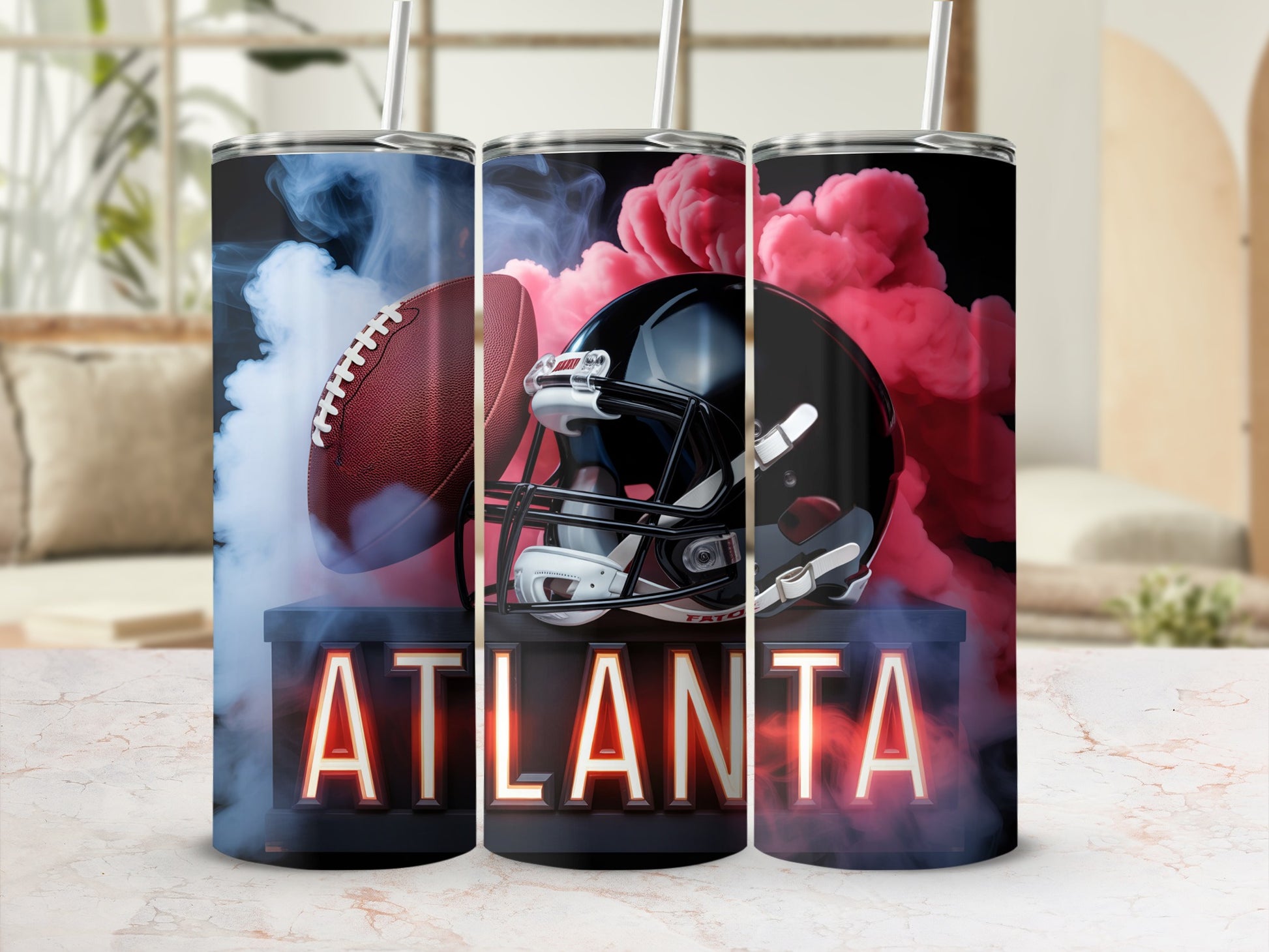 Tumbler with Atlanta Falcons football helmet and ball, surrounded by smoke.