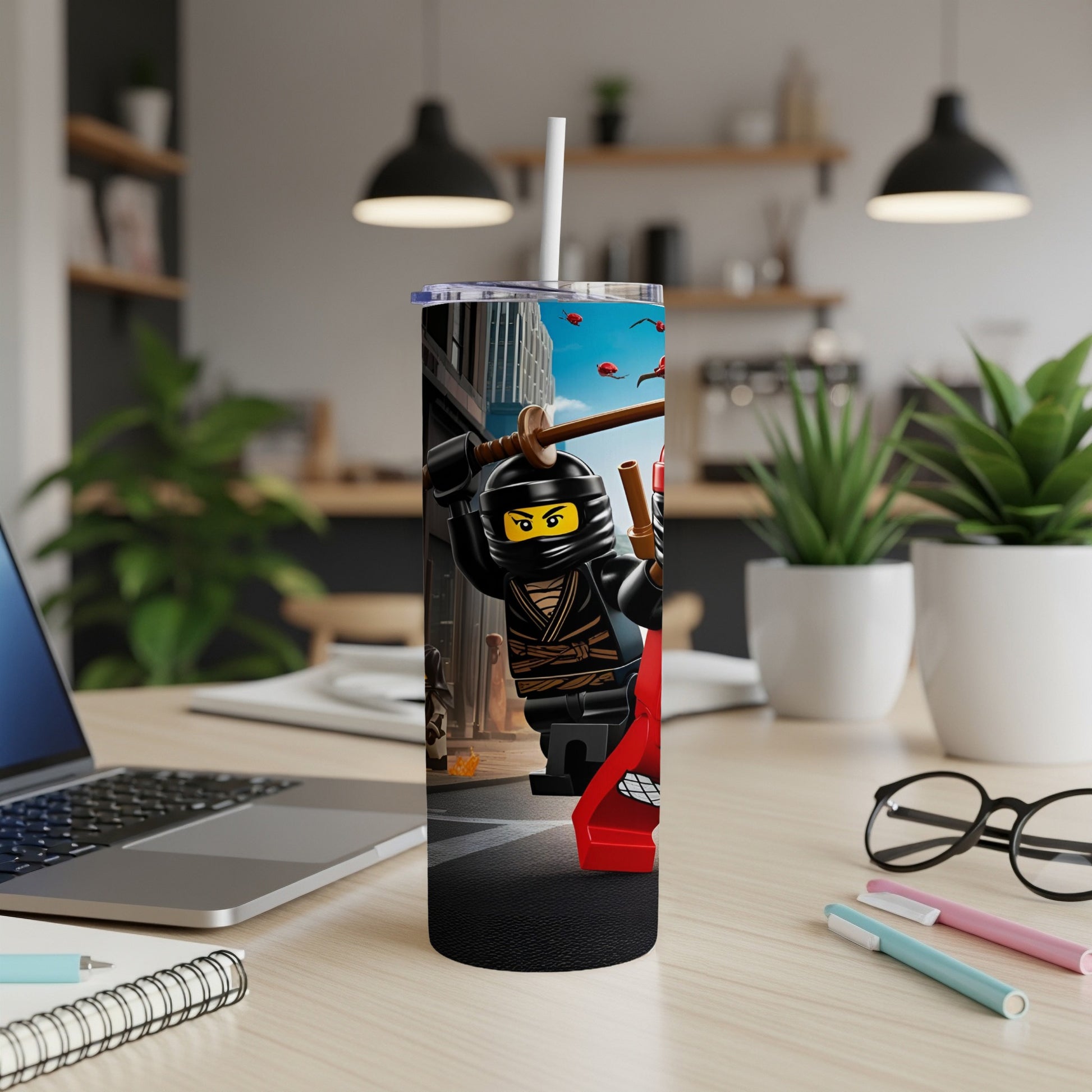 Lego ninjas on a city street, one holding a sword, on a tumbler.