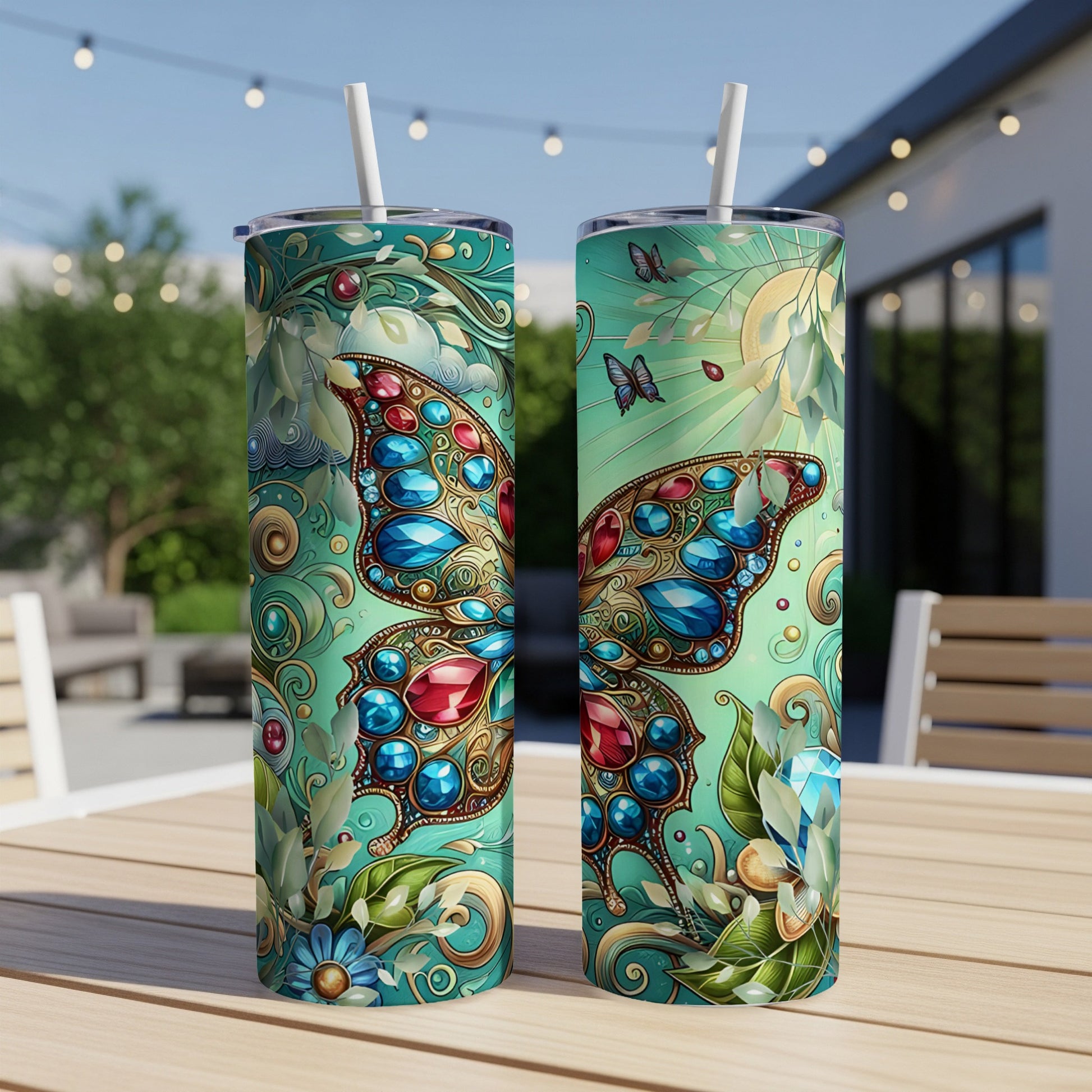 Two turquoise tumblers with jewel-encrusted butterfly designs sit on a table.