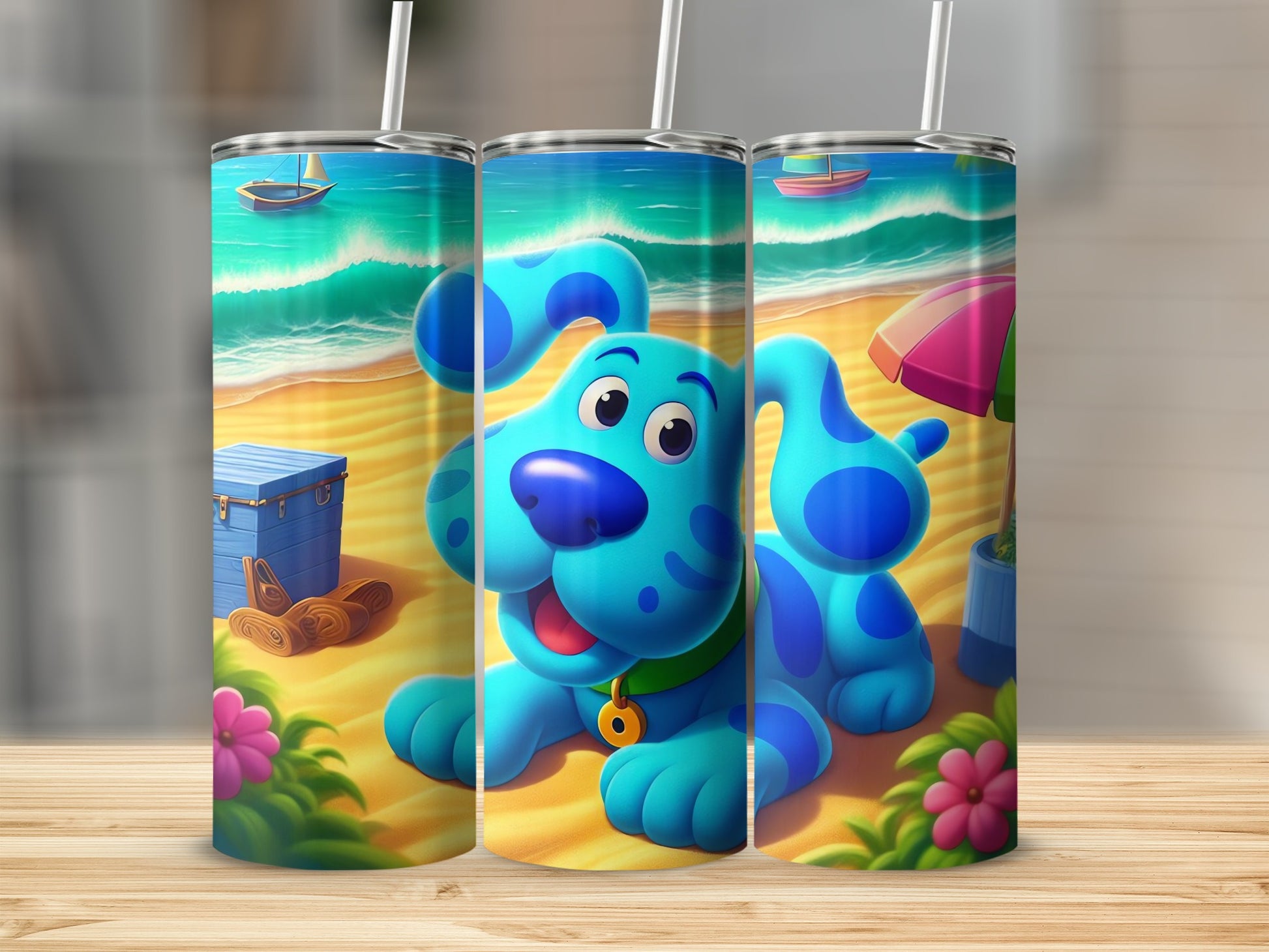 Cute Blue Dog on Beach Scene Insulated Tumbler