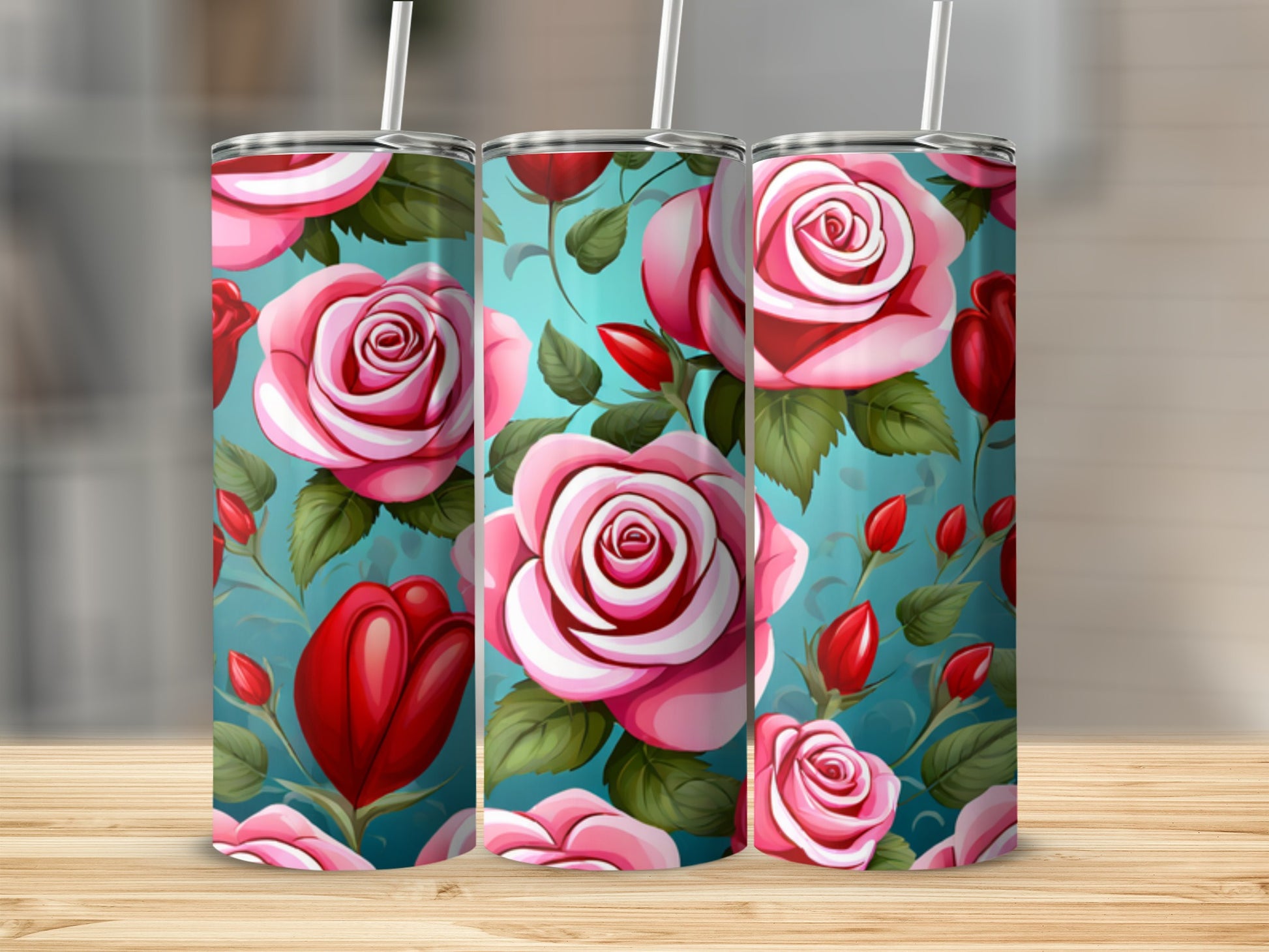 Three tumblers with a repeating pattern of pink roses and red tulips.