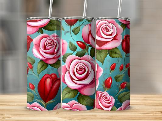 Three tumblers with a repeating pattern of pink roses and red tulips.