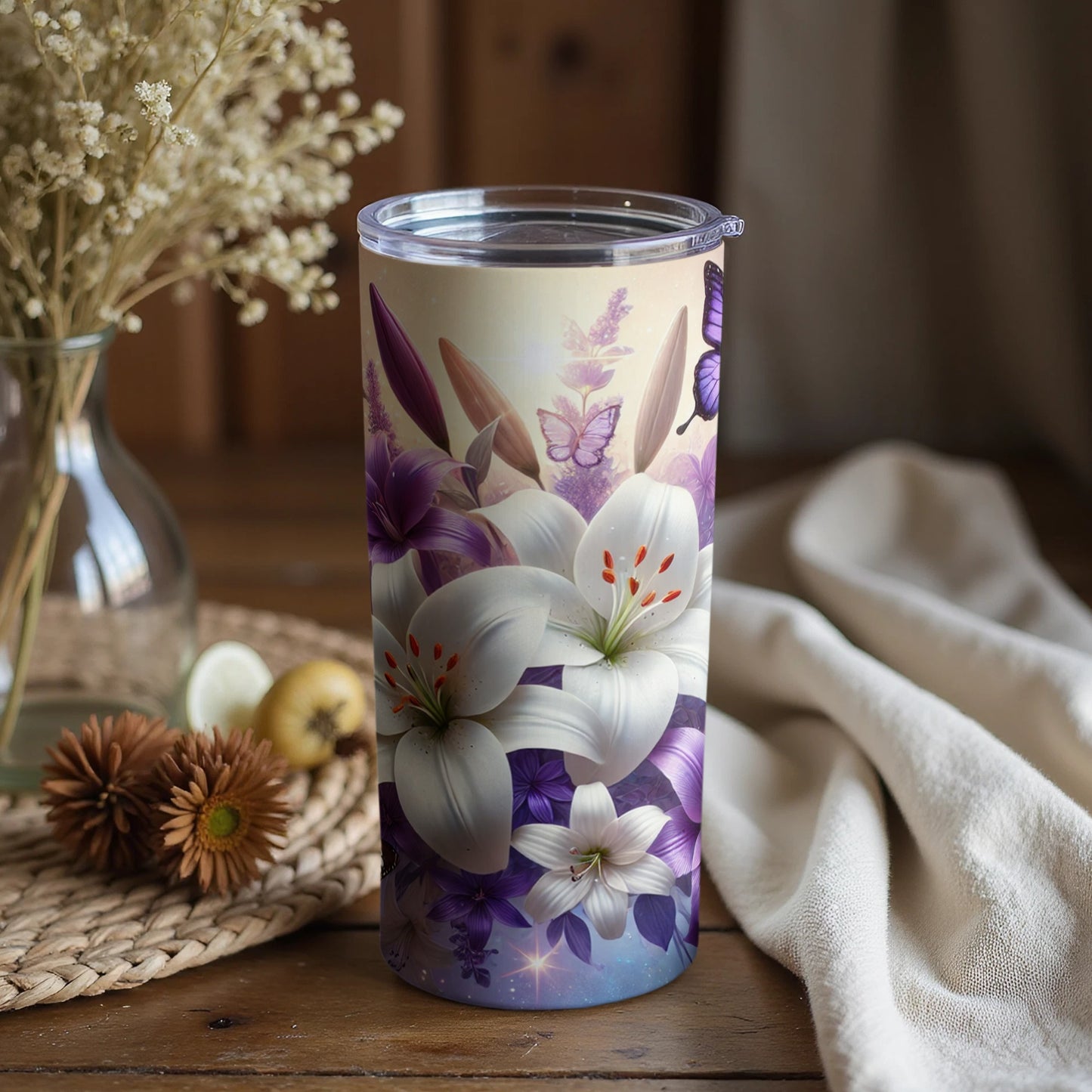 Elegant Floral and Butterfly Design Insulated Tumbler