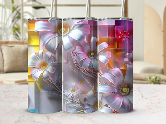 Three tumblers with iridescent floral designs and abstract geometric backgrounds.