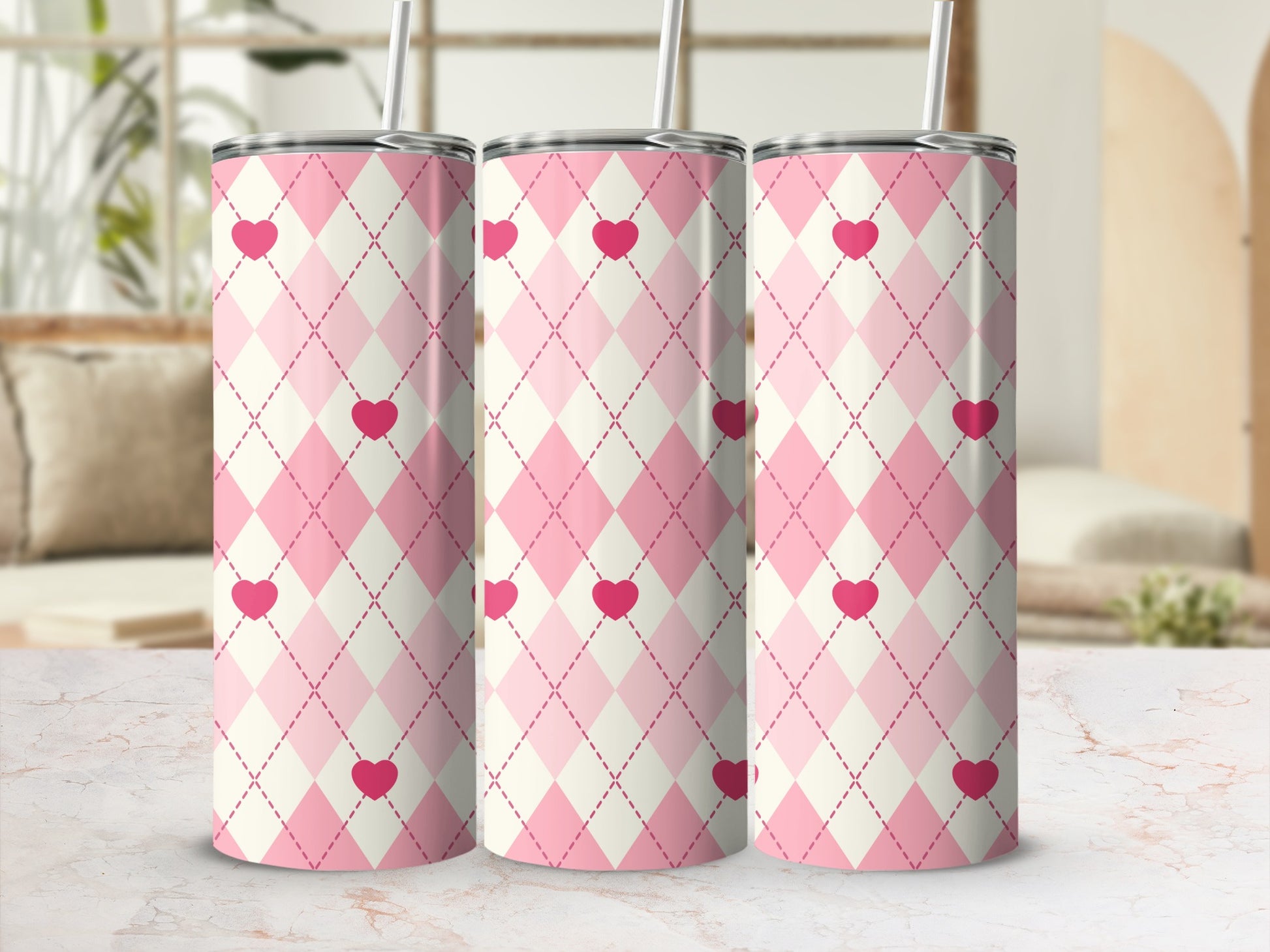 Pink Argyle Pattern Tumbler with Heart Accents Design