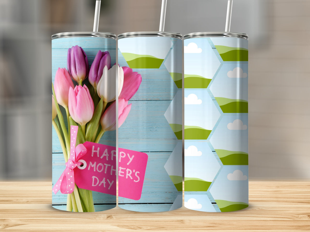 Three tumblers with Mother's Day tulips and a landscape design.