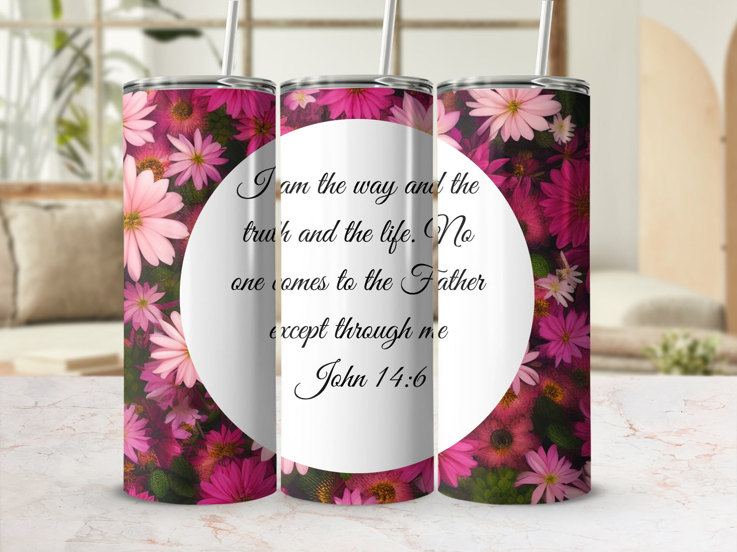 Floral Design Tumbler with John 14:6 Inspirational Quote