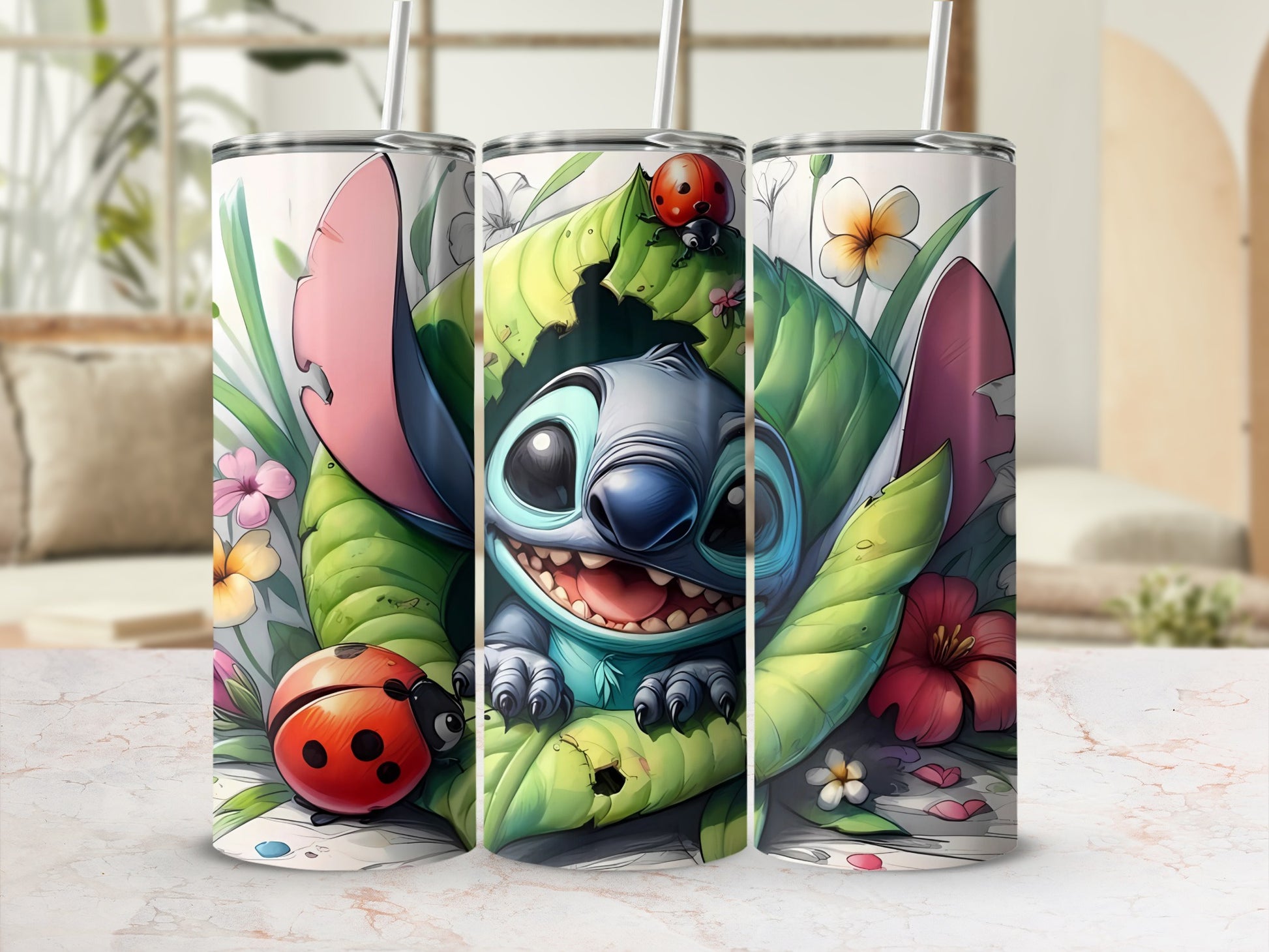 Cute Character and Ladybug Floral Design Tumbler