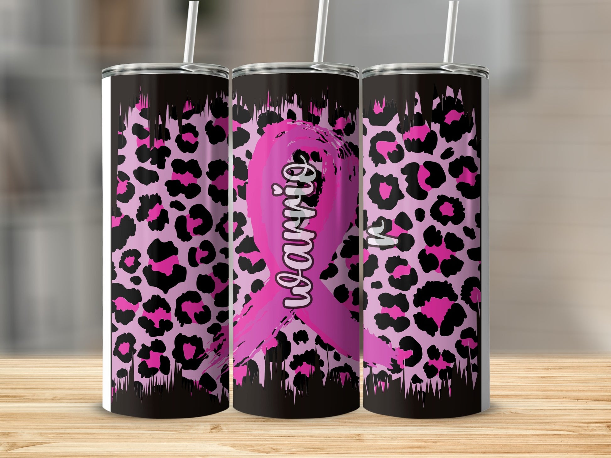 Pink warrior ribbon on black and pink leopard print tumbler.