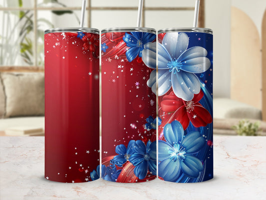 Red, white, and blue floral tumbler with stars and glitter accents.
