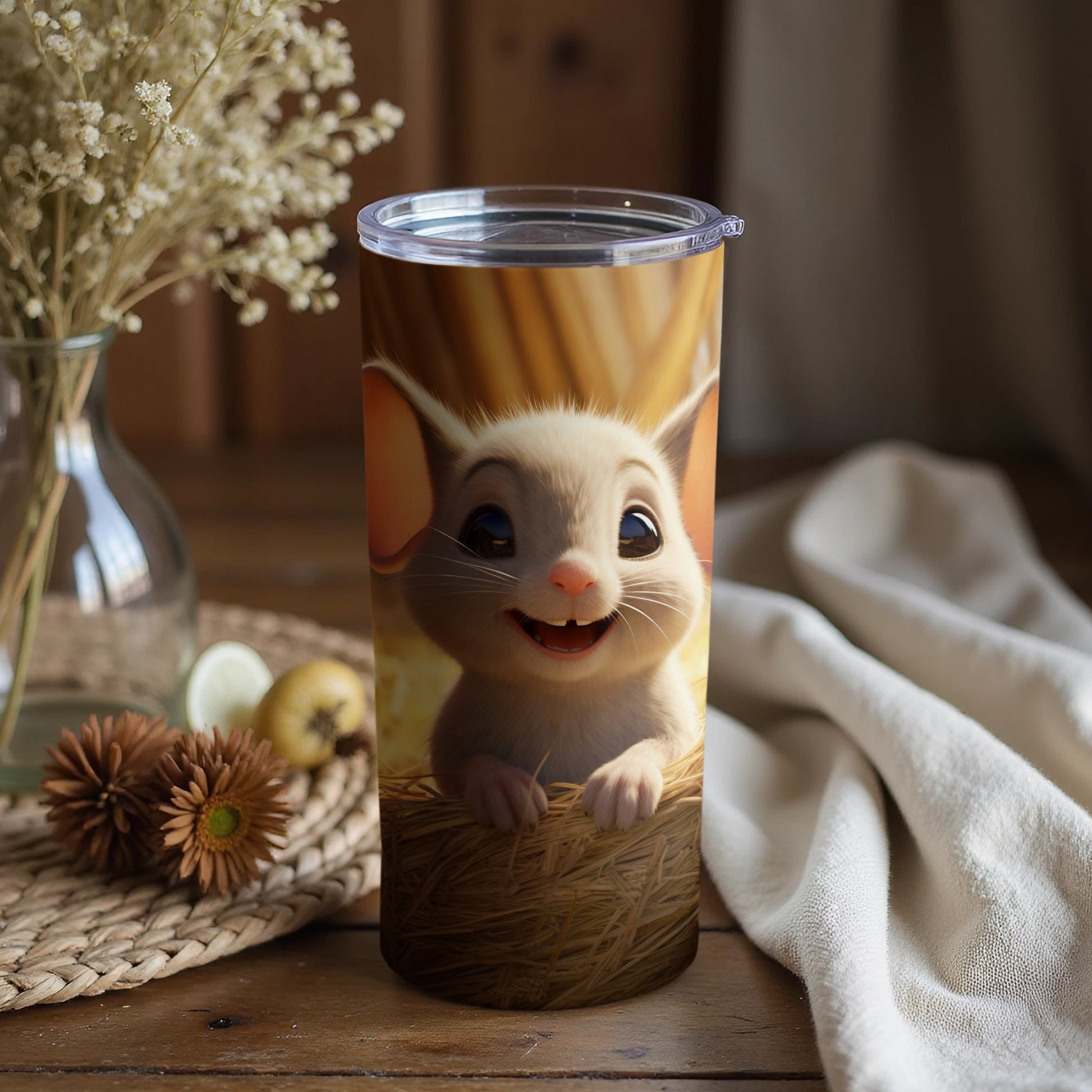 Cute Smiling Cartoon Mouse Tumbler with Straw