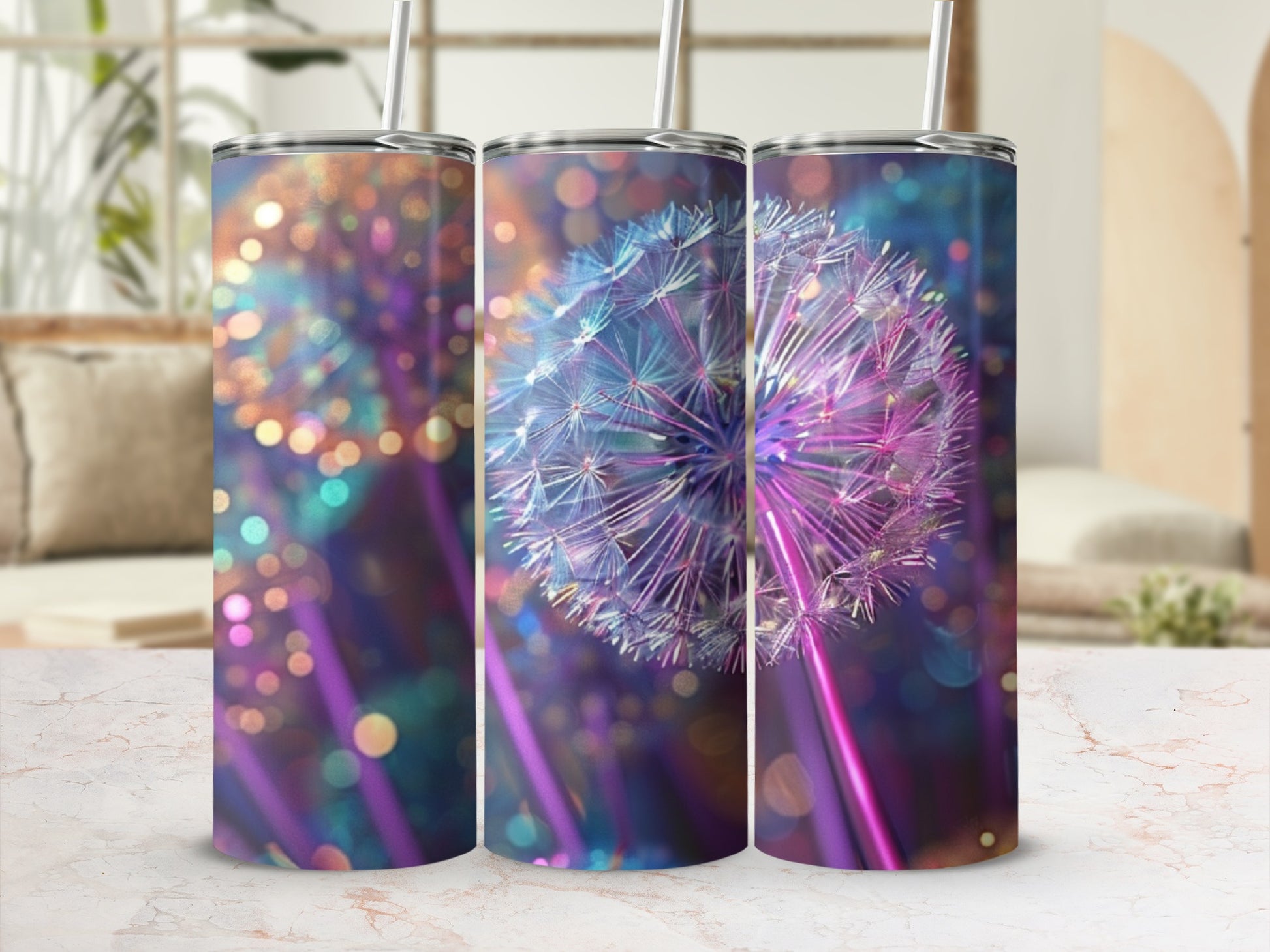 Three tumblers featuring a close-up of a dandelion seed head with bokeh lights.