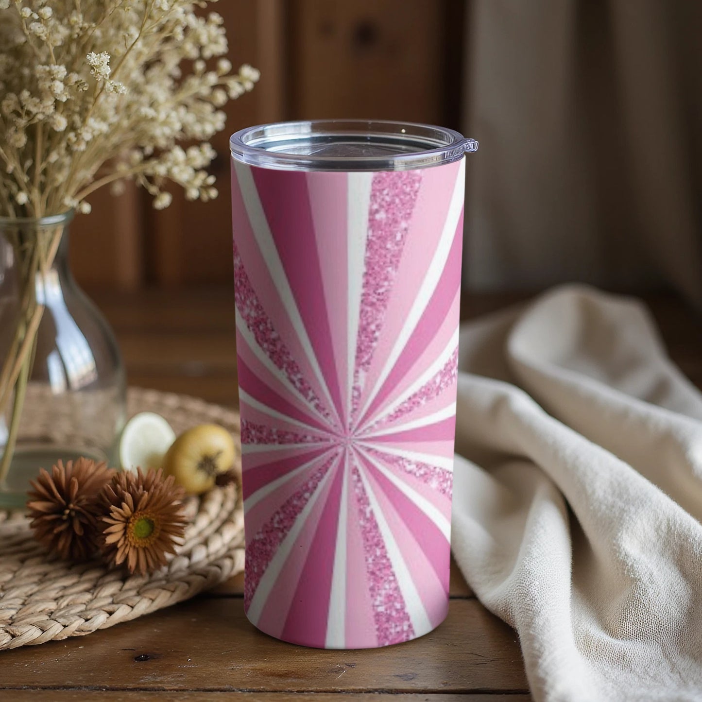 Pink and White Spiral Tumbler with Glitter Accents