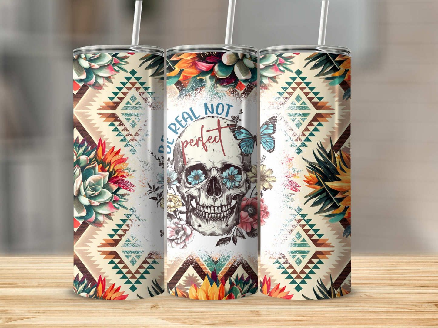 Skull and Floral Patterned Tumbler with Inspirational Quote