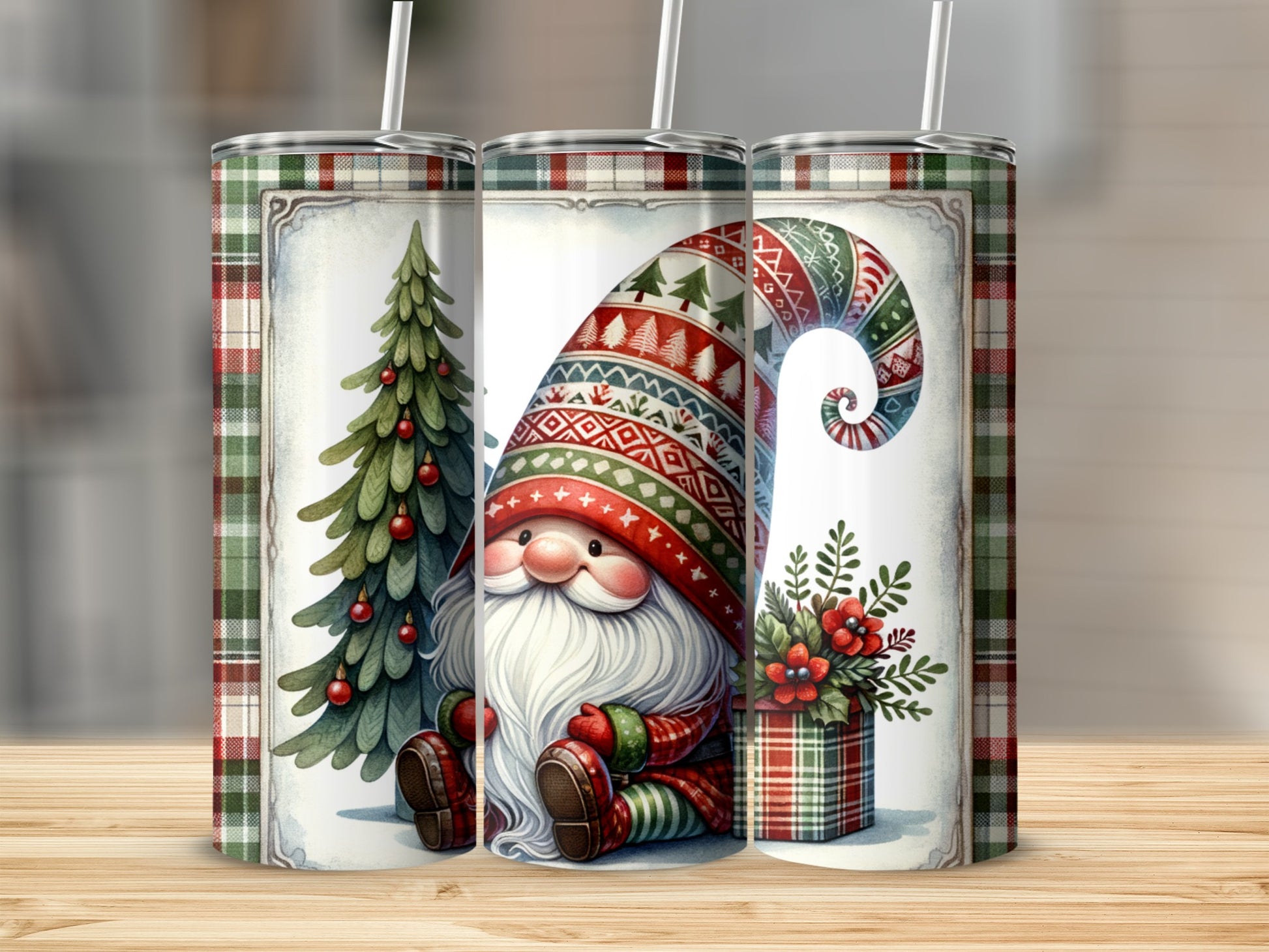 Christmas gnome with tree and gifts on plaid background tumbler.