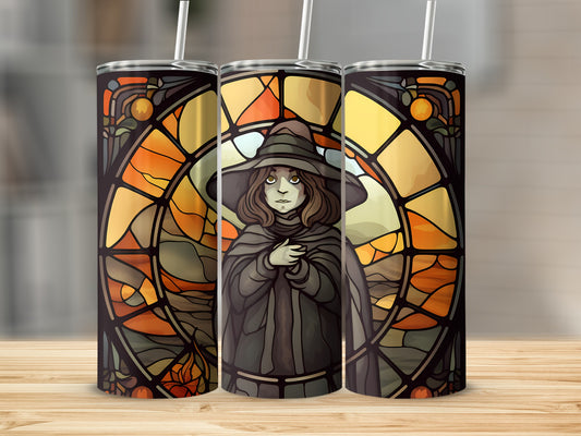 Stained glass style illustration of a witch with warm, autumnal colors.