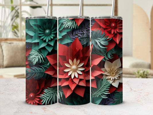 Three tumblers with floral and leafy designs in red, green, and cream.