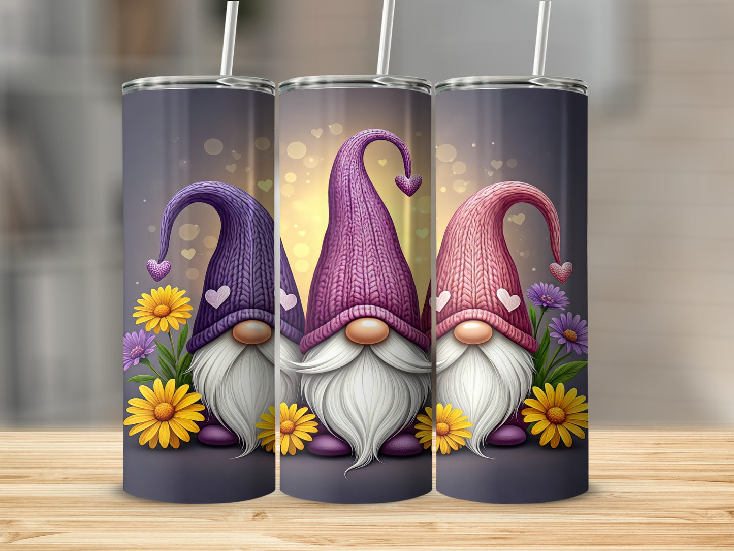 Three gnomes with purple hats and yellow flowers on a wooden surface.