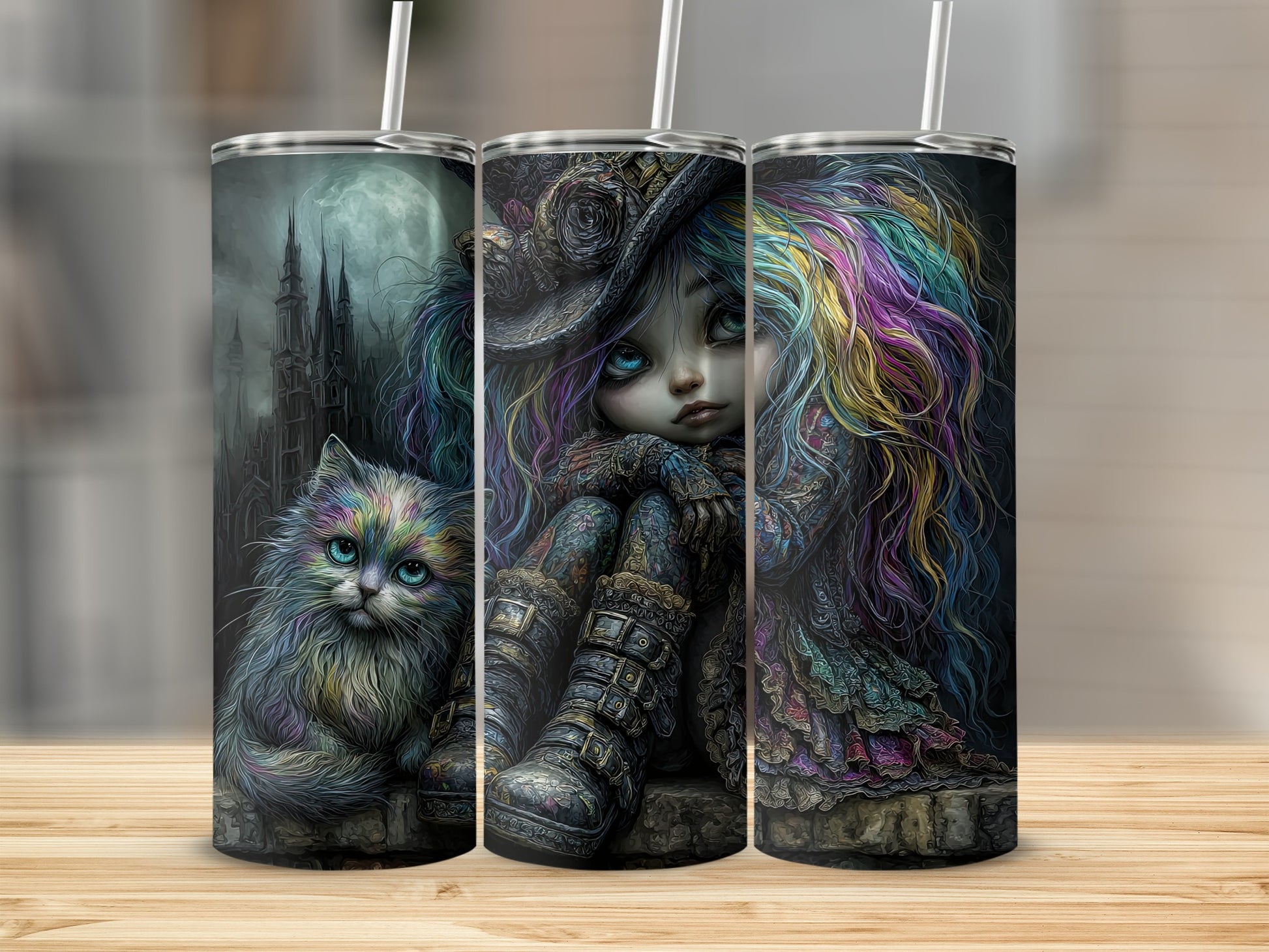 Whimsical Gothic Art Tumblers with Cat and Girl Design