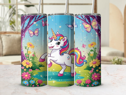 Unicorn with rainbow mane and tail in a whimsical garden.