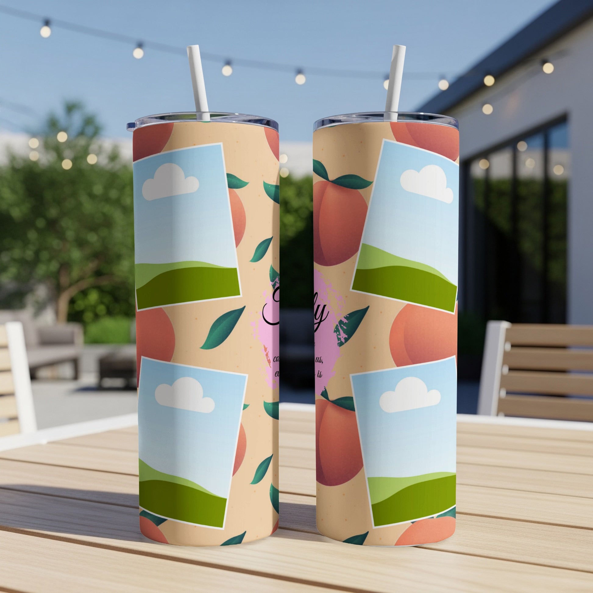 Two tumblers with a peach pattern and abstract photo placeholders.