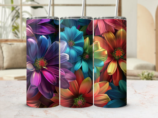 Three tumblers featuring vibrant, colorful floral patterns.