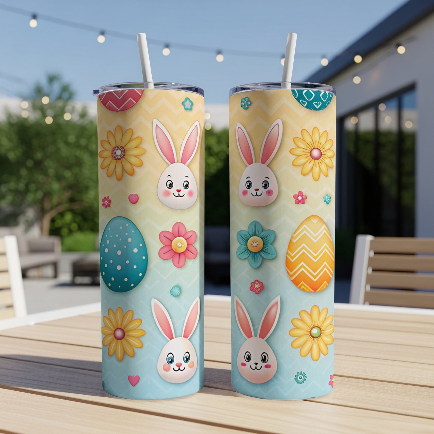 Two Easter-themed tumblers with bunnies, eggs, and flowers on a wooden table.