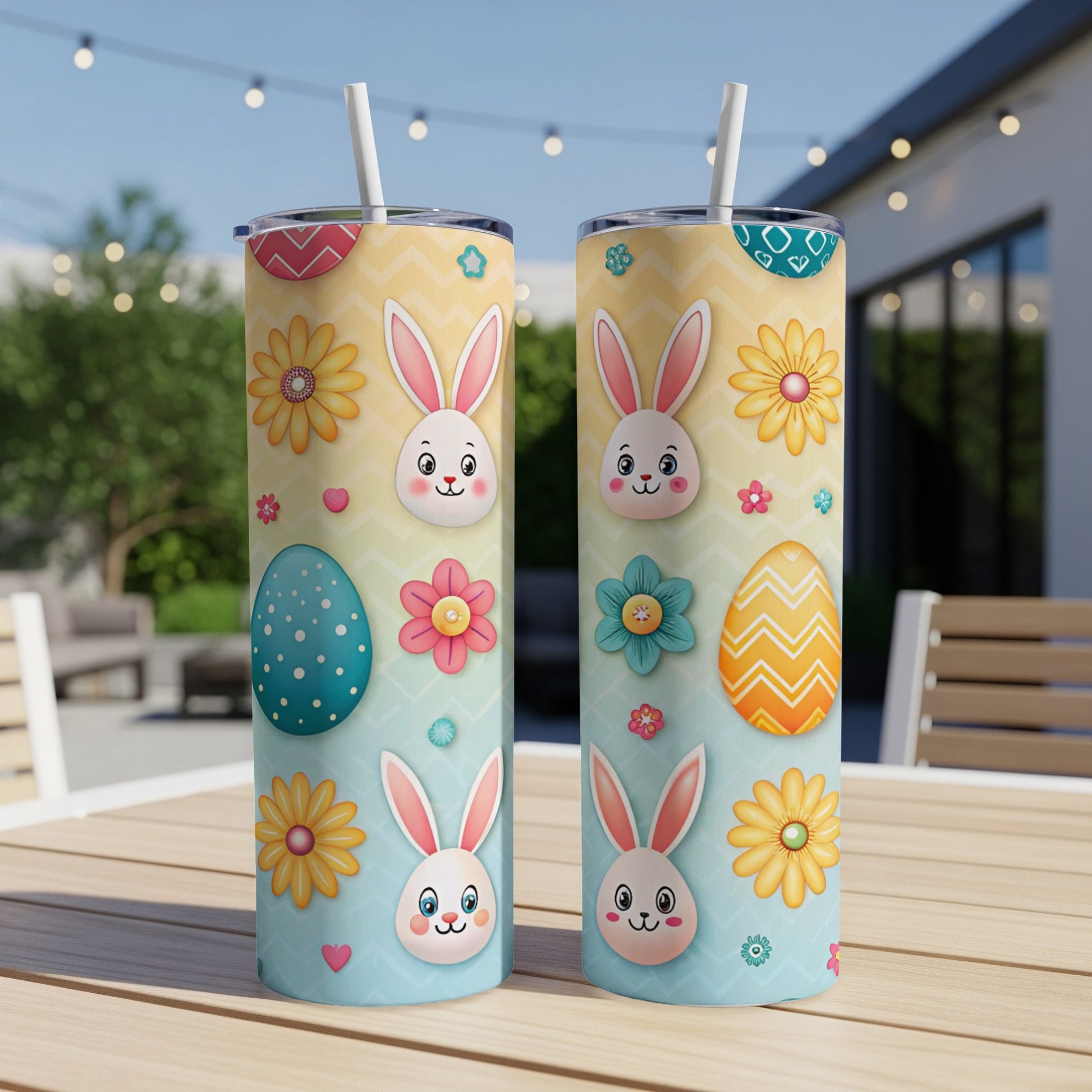 Two Easter-themed tumblers with bunnies, eggs, and flowers on a wooden table.